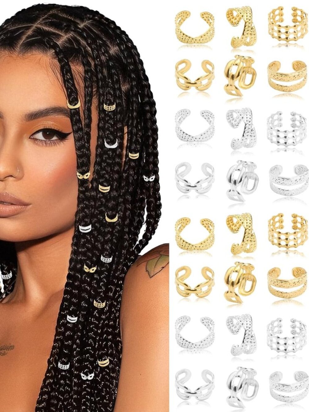 40PCS Hair Jewelry for Braids Gold Silver Hair Cuffs
